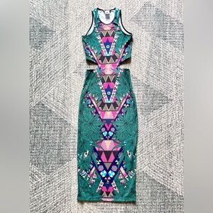 MARA HOFFMAN Teal & Pink Midi Dress Tropical Aztec Print Cutout Waist Bodycon